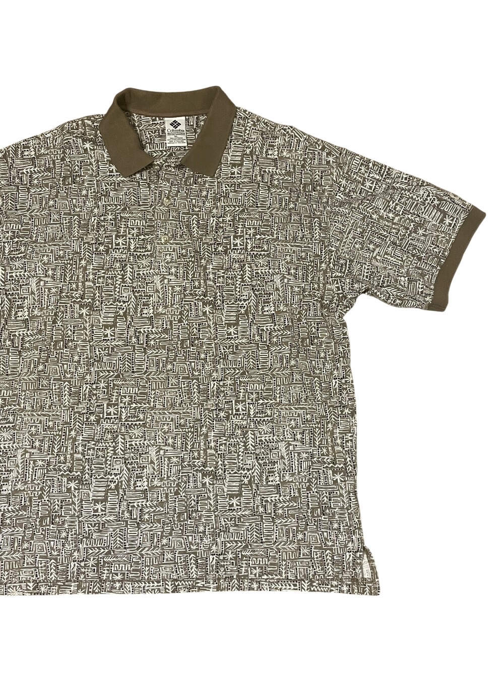 Columbia Polo Shirt Mens XL Brown Geometric Print 100% Cotton Casual Allover